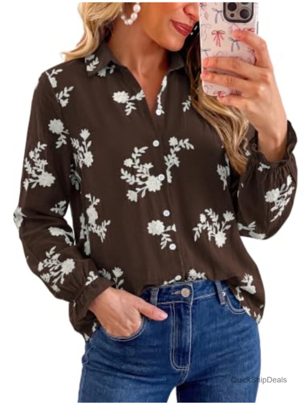 Boho Floral Embroidered Long Sleeve Button Down Blouse Ruffle Cuff